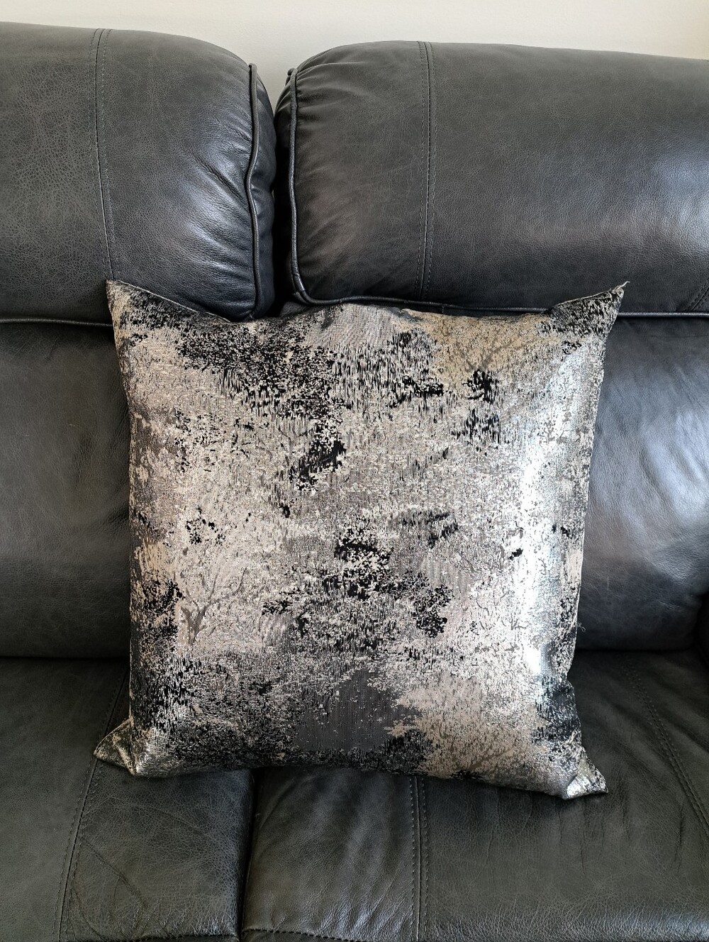 New, Metallic Silver and Black With Beige Decorative Throw Pillow